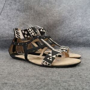 Mtng Shoes Womens 40 Sandals Flat Ankle Strap Heel Zip Studs Black White Casual